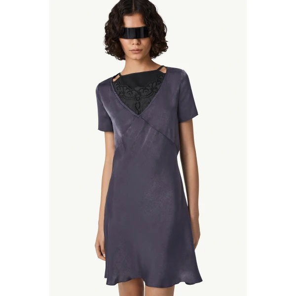MM6 Maison Margiela Double Layer Lining-Look Slip Dress in Blue, view 5 | Mini Dresses | Coveti