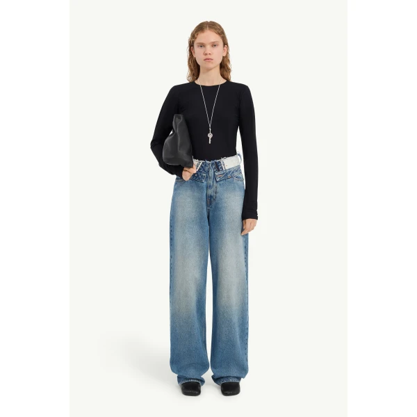 MM6 Maison Margiela Double-Waistband Straight-Leg Jeans in Light Blue, view 2 | Denim | Coveti