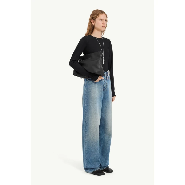 MM6 Maison Margiela Double-Waistband Straight-Leg Jeans in Light Blue, view 3 | Denim | Coveti