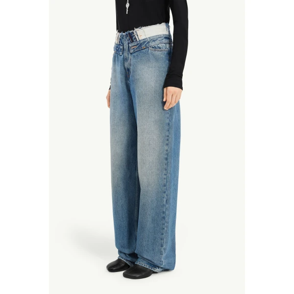 MM6 Maison Margiela Double-Waistband Straight-Leg Jeans in Light Blue, view 5 | Denim | Coveti