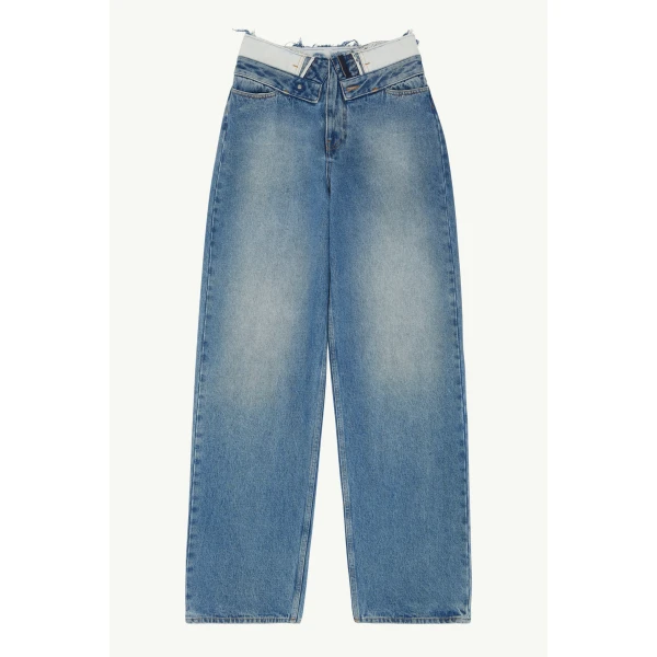 MM6 Maison Margiela Double-Waistband Straight-Leg Jeans in Light Blue, view 6 | Denim | Coveti