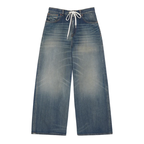 Drawstring Wide-Leg Jeans in Blue