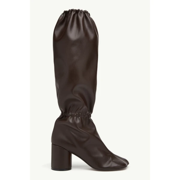 MM6 Maison Margiela Elasticated Anatomic Knee-High Boots in Dark Brown, view 2 | Boots | Coveti