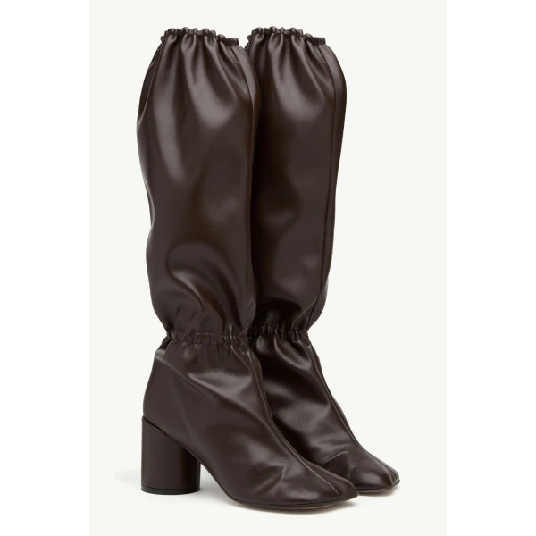 MM6 Maison Margiela Elasticated Anatomic Knee-High Boots in Dark Brown, view 3 | Boots | Coveti