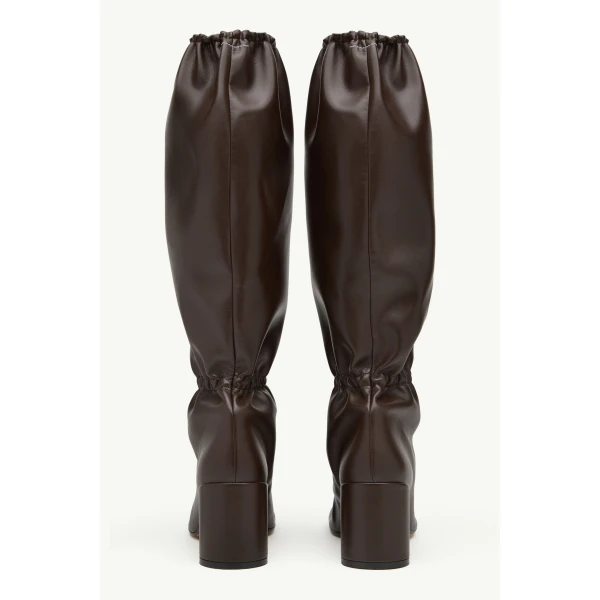 MM6 Maison Margiela Elasticated Anatomic Knee-High Boots in Dark Brown, view 4 | Boots | Coveti
