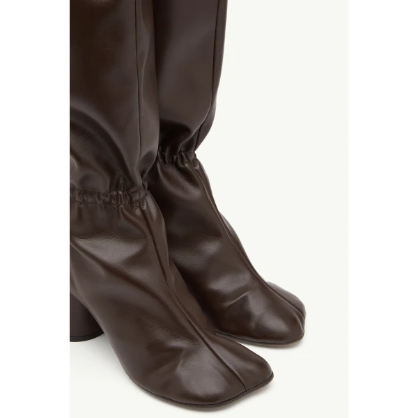 MM6 Maison Margiela Elasticated Anatomic Knee-High Boots in Dark Brown, view 5 | Boots | Coveti