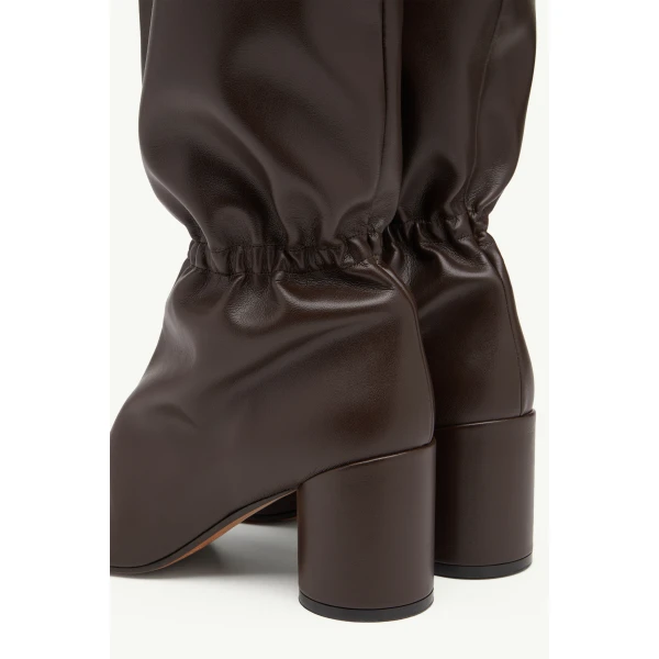 MM6 Maison Margiela Elasticated Anatomic Knee-High Boots in Dark Brown, view 6 | Boots | Coveti