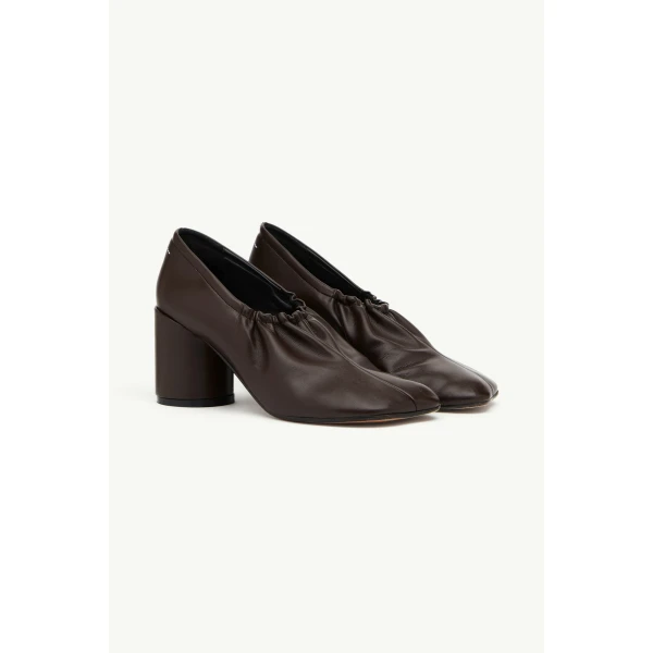 MM6 Maison Margiela Elasticated Anatomic Pumps in Dark Brown, view 3 | Heels | Coveti