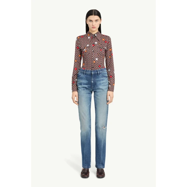 MM6 Maison Margiela Faded Printed-Line Straight-Leg Jeans in Blue, view 2 | Denim | Coveti