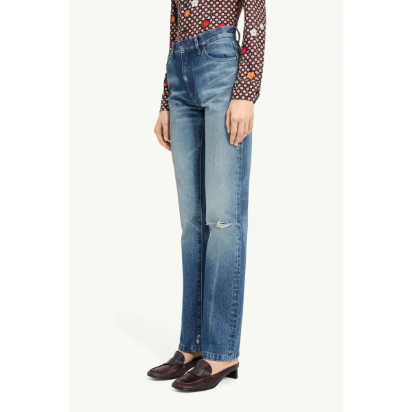 MM6 Maison Margiela Faded Printed-Line Straight-Leg Jeans in Blue, view 5 | Denim | Coveti