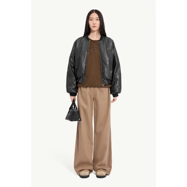 MM6 Maison Margiela Faux Leather Jacket with Rib-Knit Trim in Black, view 2 | Leather Jackets | Coveti