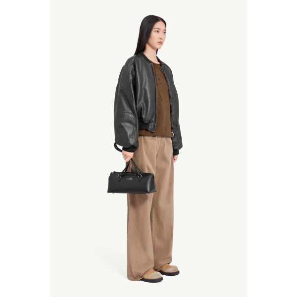 MM6 Maison Margiela Faux Leather Jacket with Rib-Knit Trim in Black, view 3 | Leather Jackets | Coveti