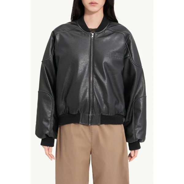 MM6 Maison Margiela Faux Leather Jacket with Rib-Knit Trim in Black, view 5 | Leather Jackets | Coveti