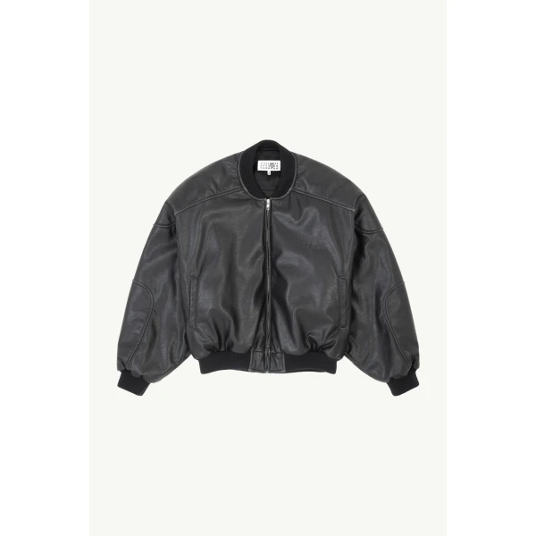 MM6 Maison Margiela Faux Leather Jacket with Rib-Knit Trim in Black, view 6 | Leather Jackets | Coveti