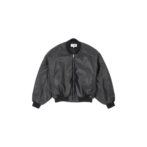Faux Leather Jacket with Rib-Knit Trim in Black