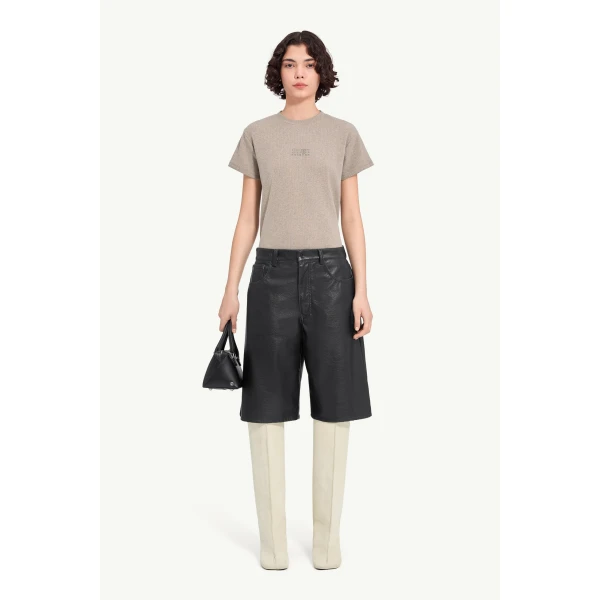 MM6 Maison Margiela Faux Leather Knee-Length Shorts in Black, view 2 | Shorts | Coveti