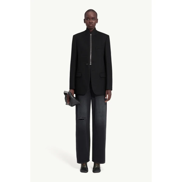 MM6 Maison Margiela Flannel Zip-Front Suit Jacket in Black, view 2 | Blazers | Coveti
