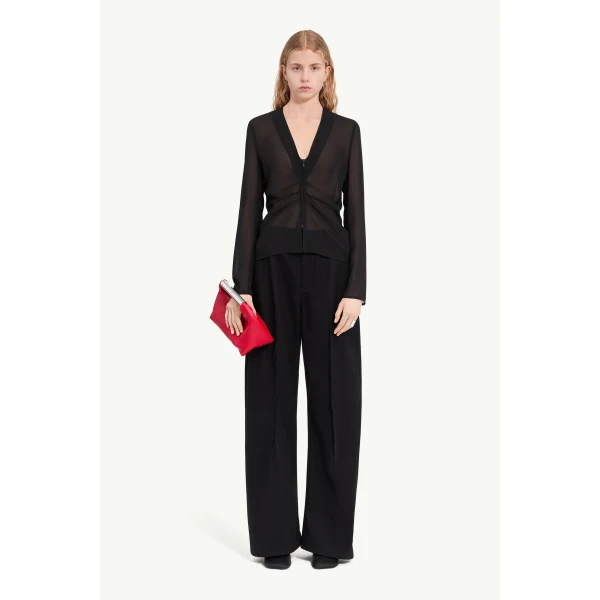 MM6 Maison Margiela Gathered Chiffon V-Neck Top in Black, view 2 | Tops | Coveti