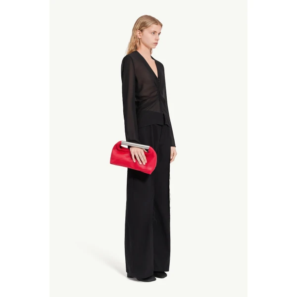 MM6 Maison Margiela Gathered Chiffon V-Neck Top in Black, view 3 | Tops | Coveti
