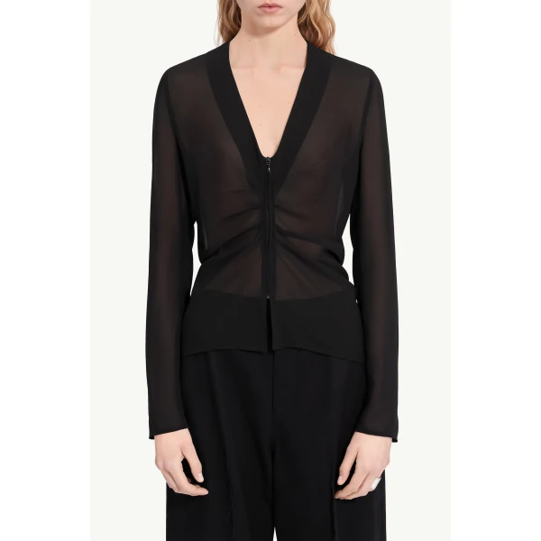 MM6 Maison Margiela Gathered Chiffon V-Neck Top in Black, view 5 | Tops | Coveti