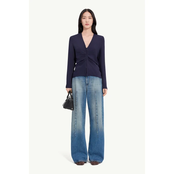 MM6 Maison Margiela Gathered V-Neck Top in Navy Blue, view 2 | Tops | Coveti