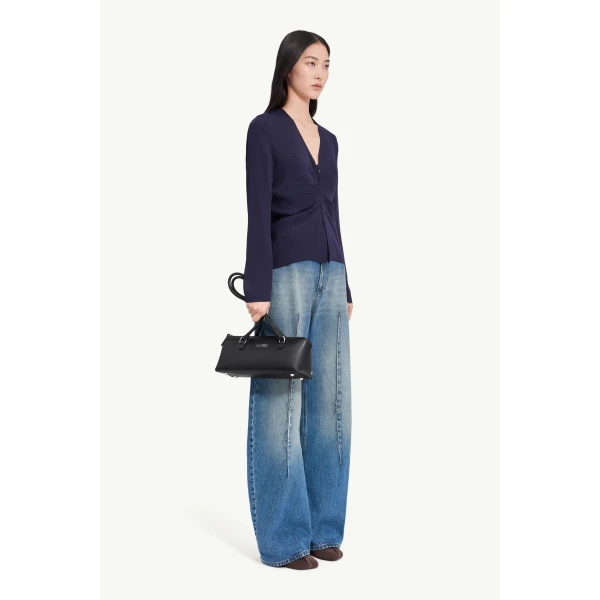 MM6 Maison Margiela Gathered V-Neck Top in Navy Blue, view 3 | Tops | Coveti