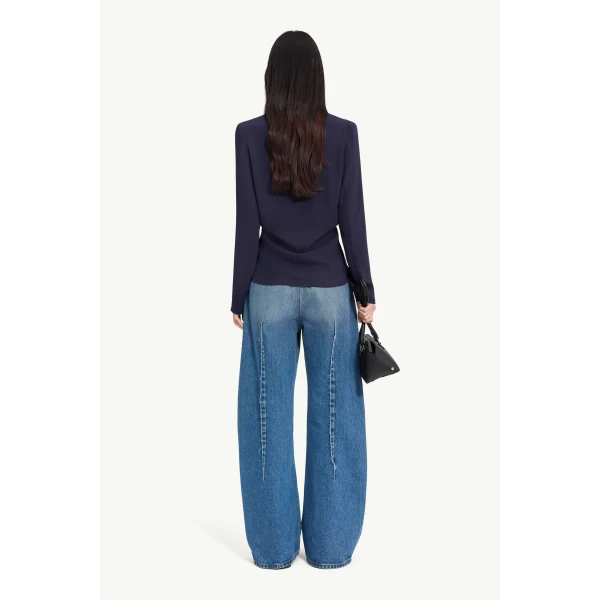MM6 Maison Margiela Gathered V-Neck Top in Navy Blue, view 4 | Tops | Coveti