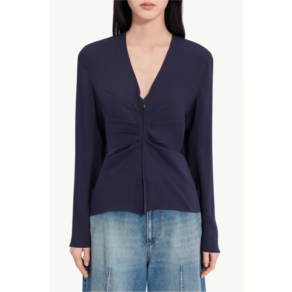 MM6 Maison Margiela Gathered V-Neck Top in Navy Blue, view 5 | Tops | Coveti