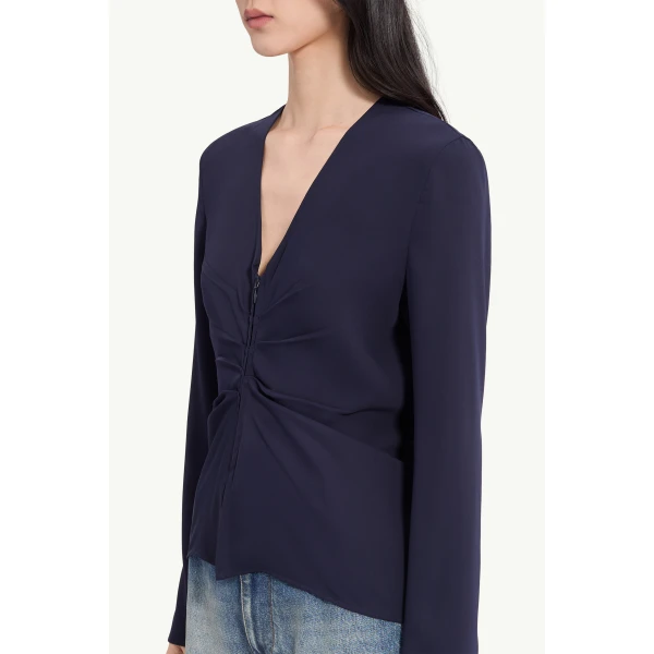 MM6 Maison Margiela Gathered V-Neck Top in Navy Blue, view 6 | Tops | Coveti