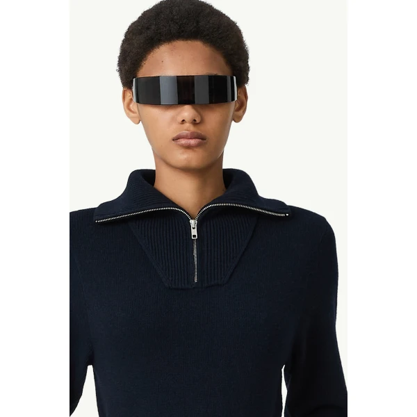 MM6 Maison Margiela Half-Zip Cropped Knit Top in Navy Blue, view 5 | Sweaters | Coveti