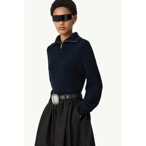MM6 Maison Margiela Half-Zip Cropped Knit Top in Navy Blue, view 6 | Sweaters | Coveti