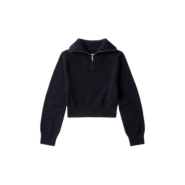 Half-Zip Cropped Knit Top in Navy Blue