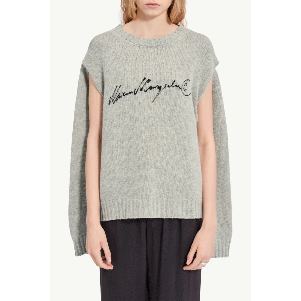 MM6 Maison Margiela Handwritten Knit Jumper in Grey Melange, view 5 | Sweaters | Coveti