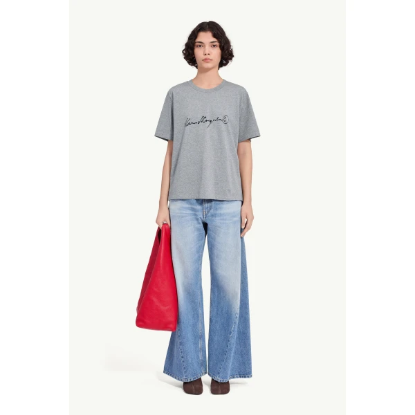 MM6 Maison Margiela Handwritten-Print Cotton Jersey T-Shirt in Grey Melange, view 2 | T-shirts | Coveti