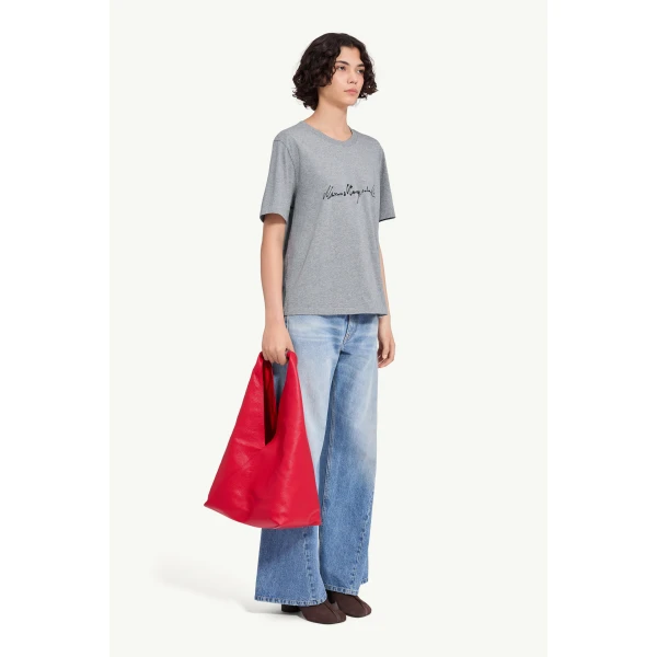 MM6 Maison Margiela Handwritten-Print Cotton Jersey T-Shirt in Grey Melange, view 3 | T-shirts | Coveti