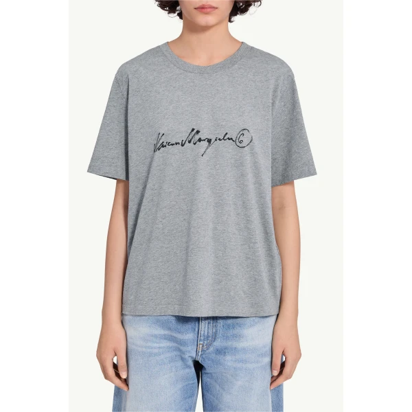 MM6 Maison Margiela Handwritten-Print Cotton Jersey T-Shirt in Grey Melange, view 5 | T-shirts | Coveti