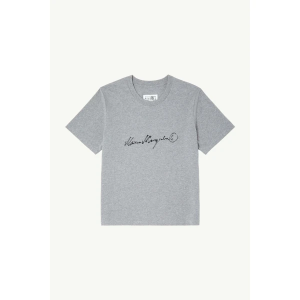 MM6 Maison Margiela Handwritten-Print Cotton Jersey T-Shirt in Grey Melange, view 6 | T-shirts | Coveti