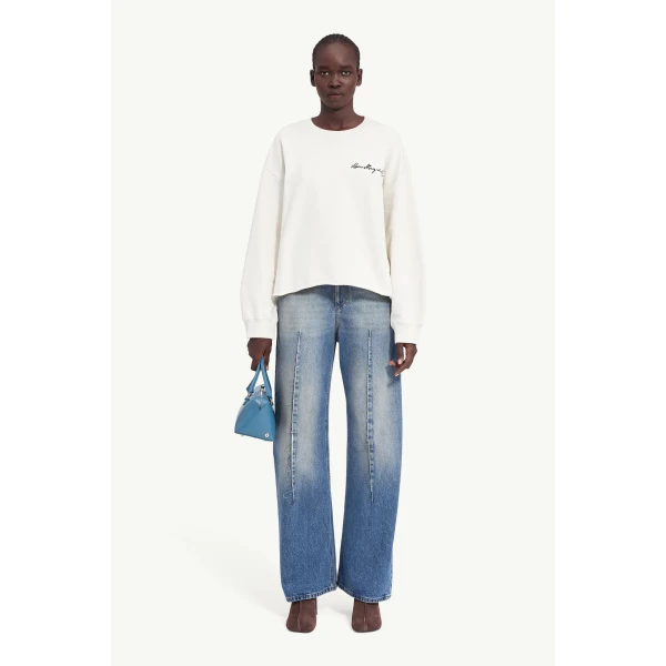 MM6 Maison Margiela Handwritten-Print Sweatshirt in Ecru, view 2 | Hoodies | Coveti