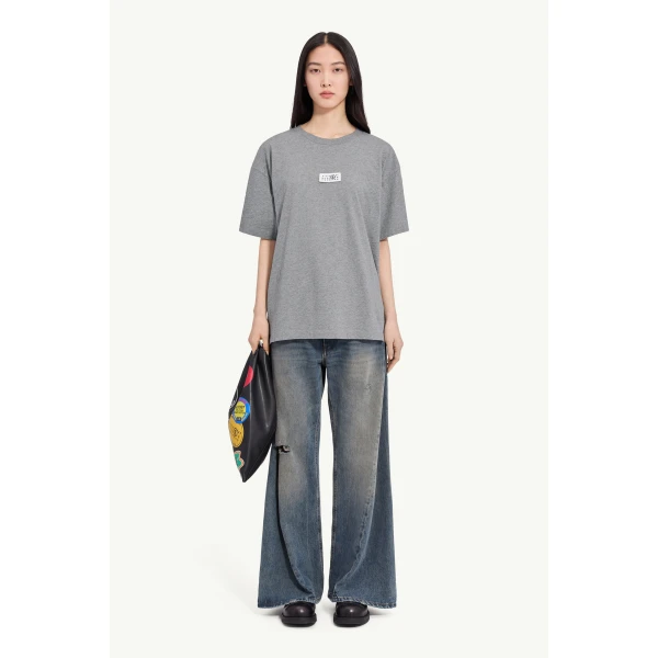 MM6 Maison Margiela Label Cotton Jersey T-Shirt in Grey Melange, view 2 | T-shirts | Coveti