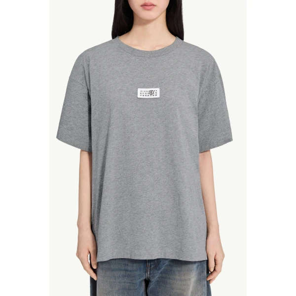 MM6 Maison Margiela Label Cotton Jersey T-Shirt in Grey Melange, view 5 | T-shirts | Coveti