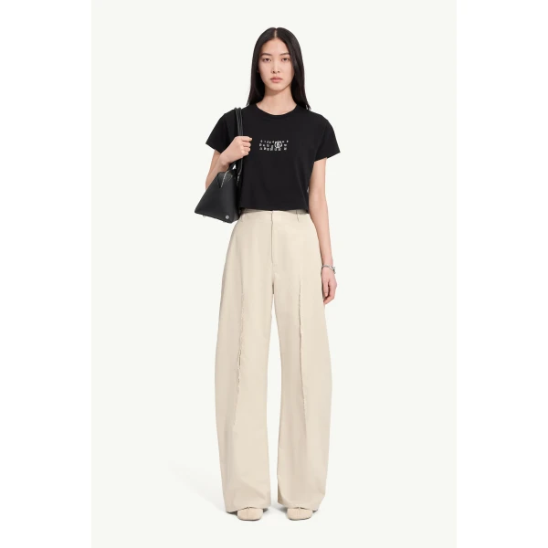 MM6 Maison Margiela Light Cotton Twill Wide-Leg Trousers in Ecru, view 2 | Wide leg pants | Coveti