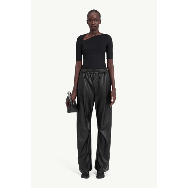 MM6 Maison Margiela Light Pleather Wide-Leg Trousers in Black, view 2 | Wide leg pants | Coveti