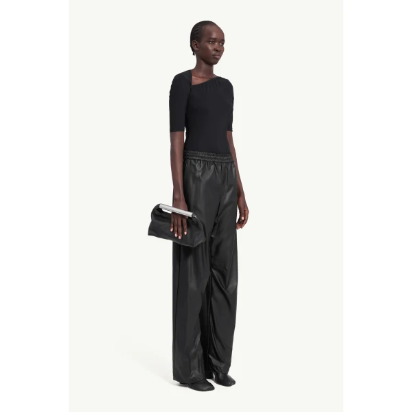 MM6 Maison Margiela Light Pleather Wide-Leg Trousers in Black, view 3 | Wide leg pants | Coveti