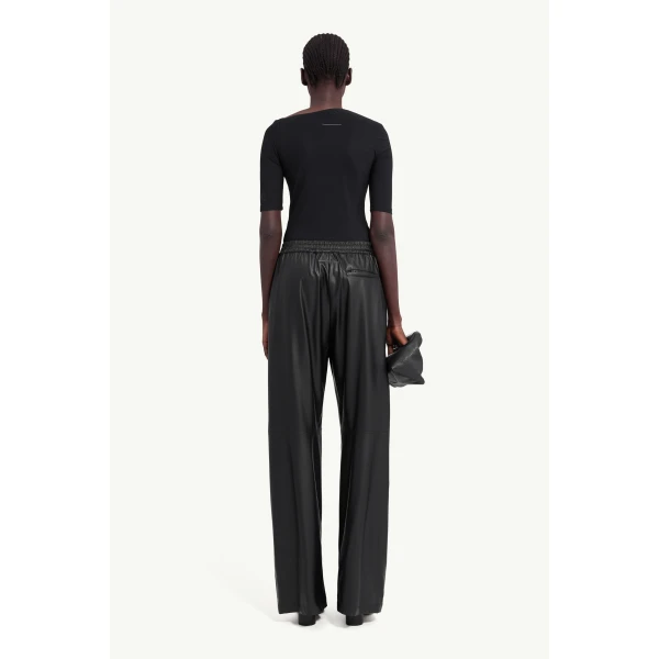 MM6 Maison Margiela Light Pleather Wide-Leg Trousers in Black, view 4 | Wide leg pants | Coveti