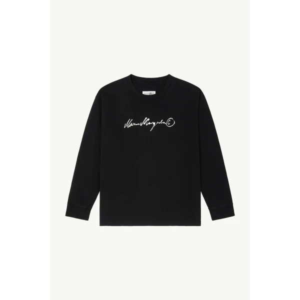 MM6 Maison Margiela Long-Sleeve Overdyed Handwritten-Print T-Shirt in Black, view 3 | T-shirts | Coveti