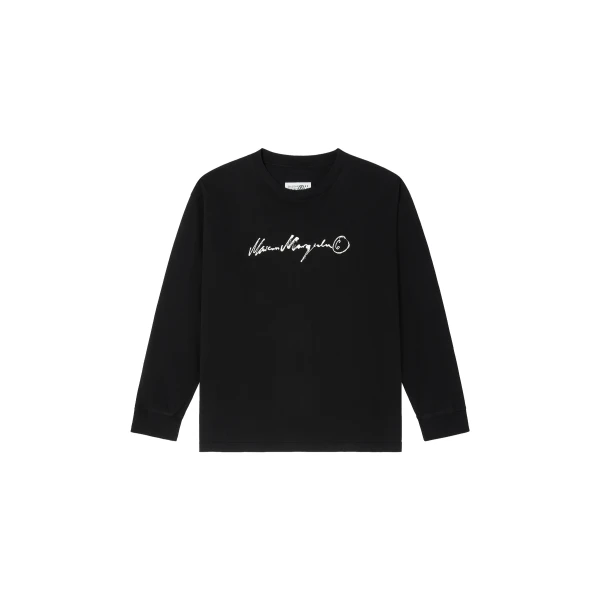 MM6 Maison Margiela Long-Sleeve Overdyed Handwritten-Print T-Shirt in Black | T-shirts | Coveti