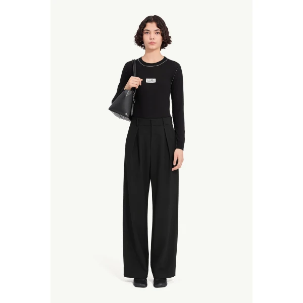 MM6 Maison Margiela Mannequin Label Wool Blend Pleated Trousers in Anthracite, view 2 | Tailored pants | Coveti