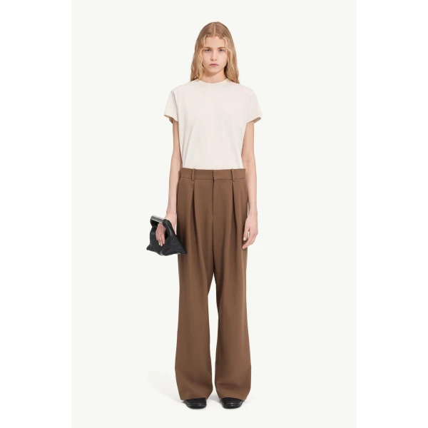 MM6 Maison Margiela Mannequin Label Wool Blend Pleated Trousers in Brown, view 2 | Tailored pants | Coveti