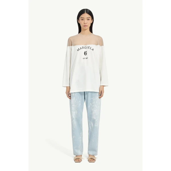 MM6 Maison Margiela Mannequin Print Jersey Top in White, view 2 | T-shirts | Coveti