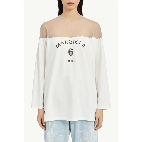 MM6 Maison Margiela Mannequin Print Jersey Top in White, view 5 | T-shirts | Coveti
